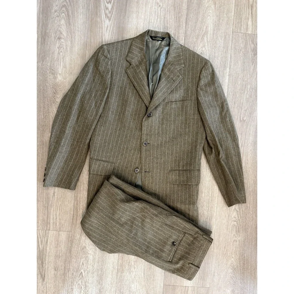 Vintage Norman Hilton 2 Piece Suit 38R 30x29 Olive Pin Stripe Wool Blazer 70s